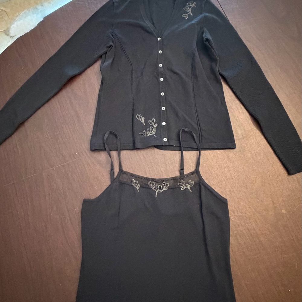 Black Cardigan and Tank Top Set with Embroidery